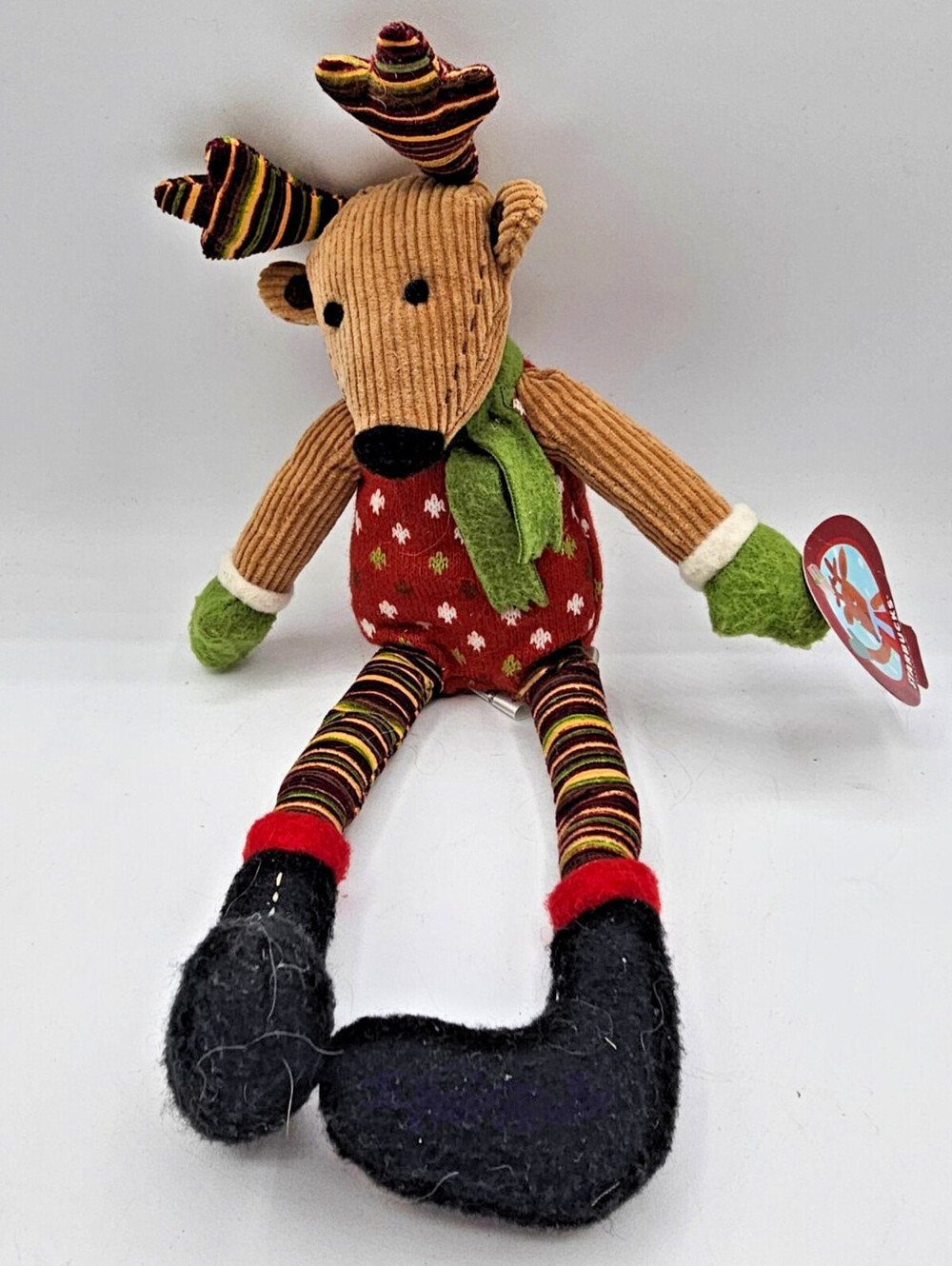 2009 Starbucks reindeer plush toy w/ tan corduroy body and striped antlers